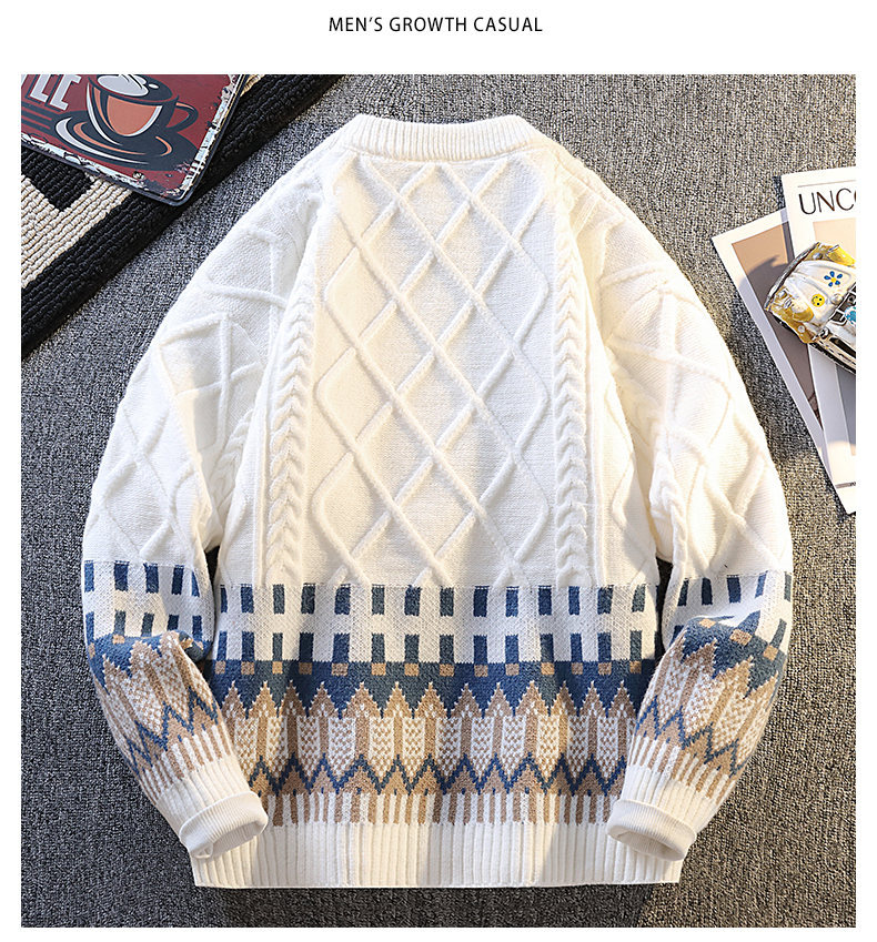 Herren-Langarm-Strickpullover, lässig, locker geschnitten, Rundhalsausschnitt, Polyester-Kaninchenwollmischung, Herbst-Winter-Mode mit Emblem-Design_voghion.com