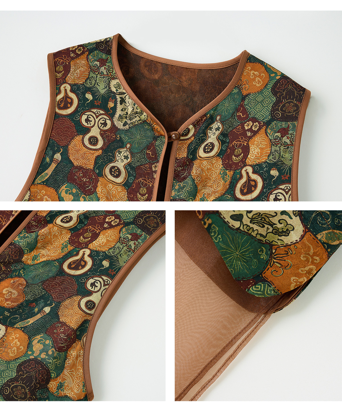 Bộ áo vest gile in họa tiết và quần ống suông phối đồ vintage nữ — Bầu hồ lô, Màu vàng chảy chi tiết 27
