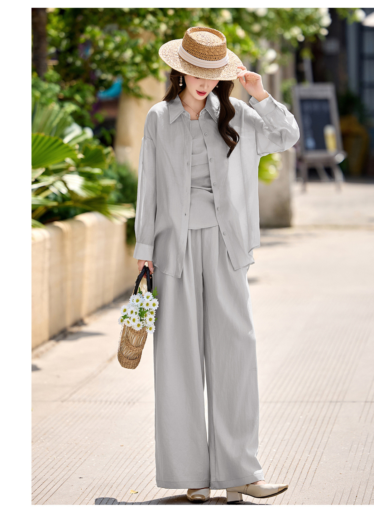 Bộ ba mặc nhà nữ phối áo sơ mi chống nắng, áo hai dây và quần ống suông — màu trắng, màu xám, màu kaki chi tiết 18