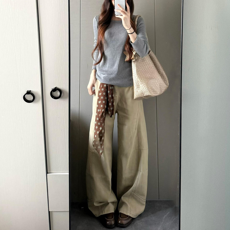 Khaki Scimitar Jeans for Women, Autumn and Winter Scimitar Pants for Women, Denim Splicing Loose Slimming Wide-Leg Pants for Women, Autumn