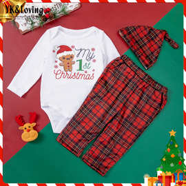 跨境秋冬新生儿圣诞节宝宝服饰卡通圣诞鹿哈衣长裤带帽婴幼儿套装