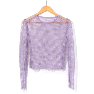 Women's Fashion Simple Solid Colour Mesh Rhinestone Long Sleeve Top - Purple - View 1