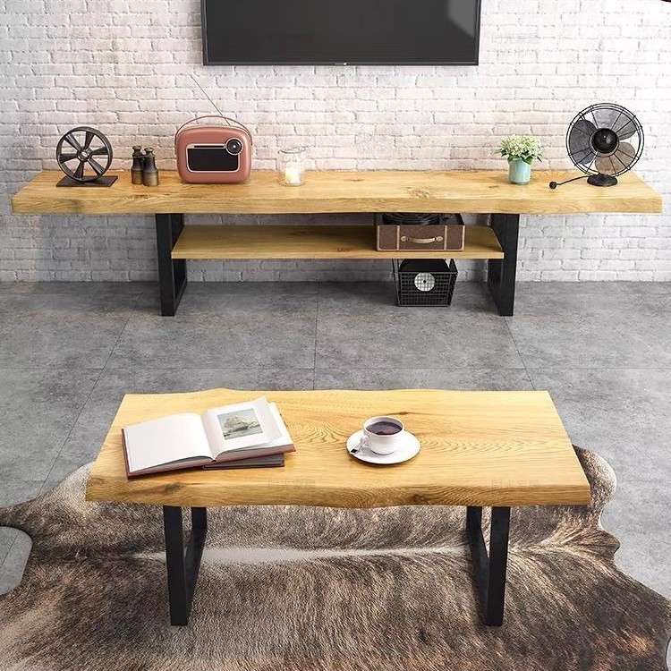 American-Style Double-Layer Solid Wood Tv Cabinet, Living Room Background Wall Side Cabinet, Simple Iron Art Coffee Table Set, Modern Minimalist