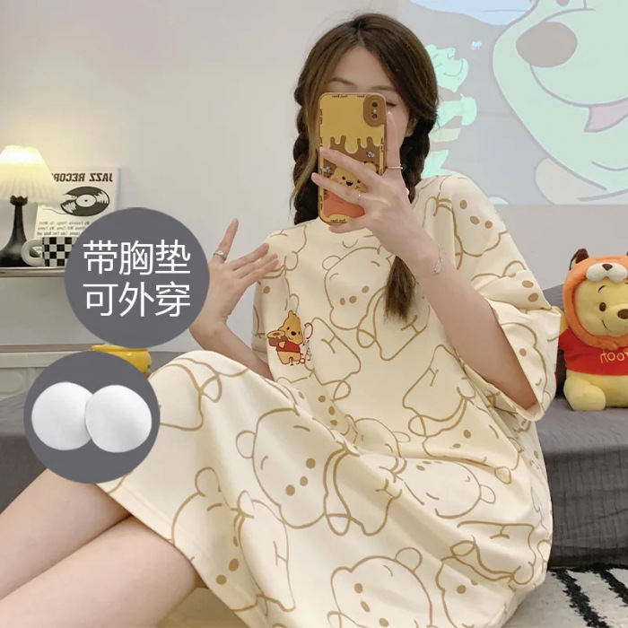 2024 verano pijama de mangas cortas cojín de pecho dibujos animados pijama dulce vestido suelto engordado ropa de hogar de tamaño grande
