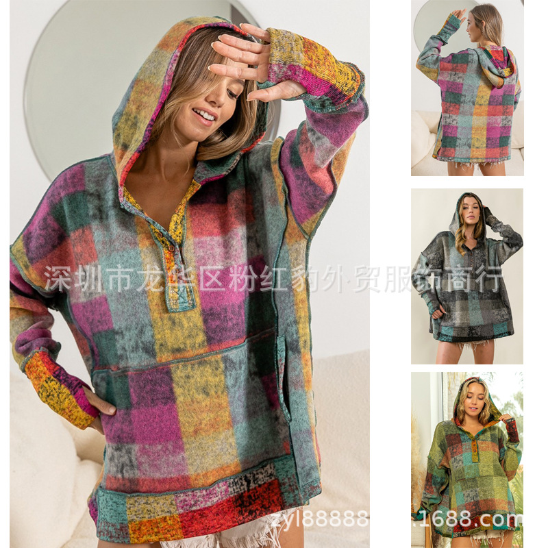 European and American popular eBay Amazon autumn and winter new women's clothing fashion color plaid hooded pullover fleece sweater