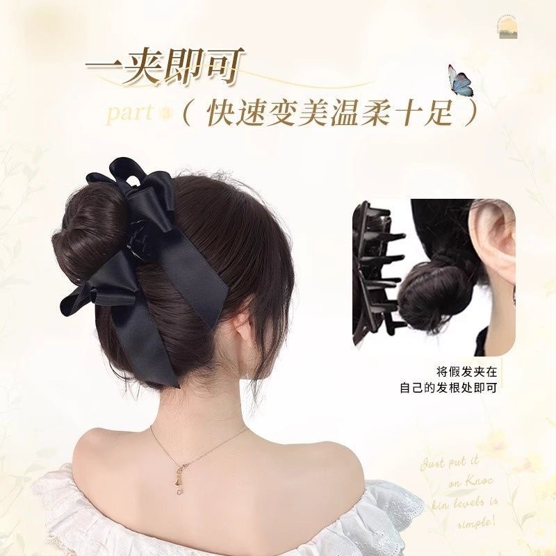 Wig Clip for Women's Bun with Bow, Natural Fluffy High Ponytail, Faux Hair Bun Wig