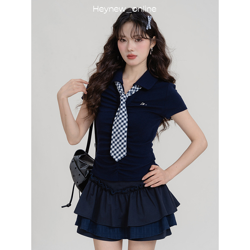 LOVEHEYNEW藏青色减龄T恤半身裙女夏季学院风韩里韩气两件套装裙|undefined