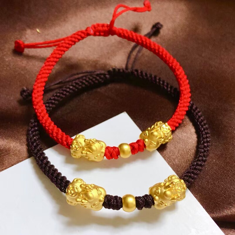 Pure Gold 999 Gold Double Pixiu Baby Bracelet for Men and Women, National Trend Transfer Beads Braided Bracelet, Couple Style Bracelet