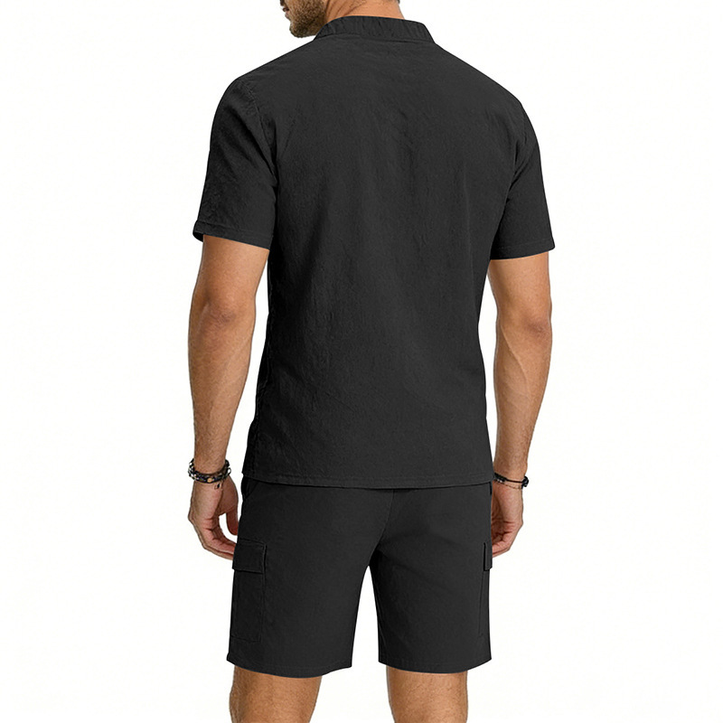 Men's Linen Henley Short Sleeve Shirt & Shorts Set, Breathable Summer Casual Outfit For Outdoor Travel And Daily Relaxation_viptrois.com