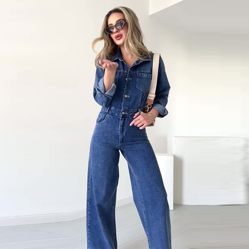 2024 otoño nuevo estilo europeo y americano Amazon transfronterizo ropa de mujer color sólido moda casual mezclilla cintura mono