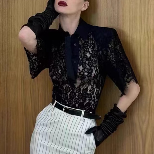 5803 Summer New Style Acetate Spliced ​​Fishbone Eyelash Lace European and American Style Top Slimming Look T-Shirt Lapel Short-Sleeved Shirt