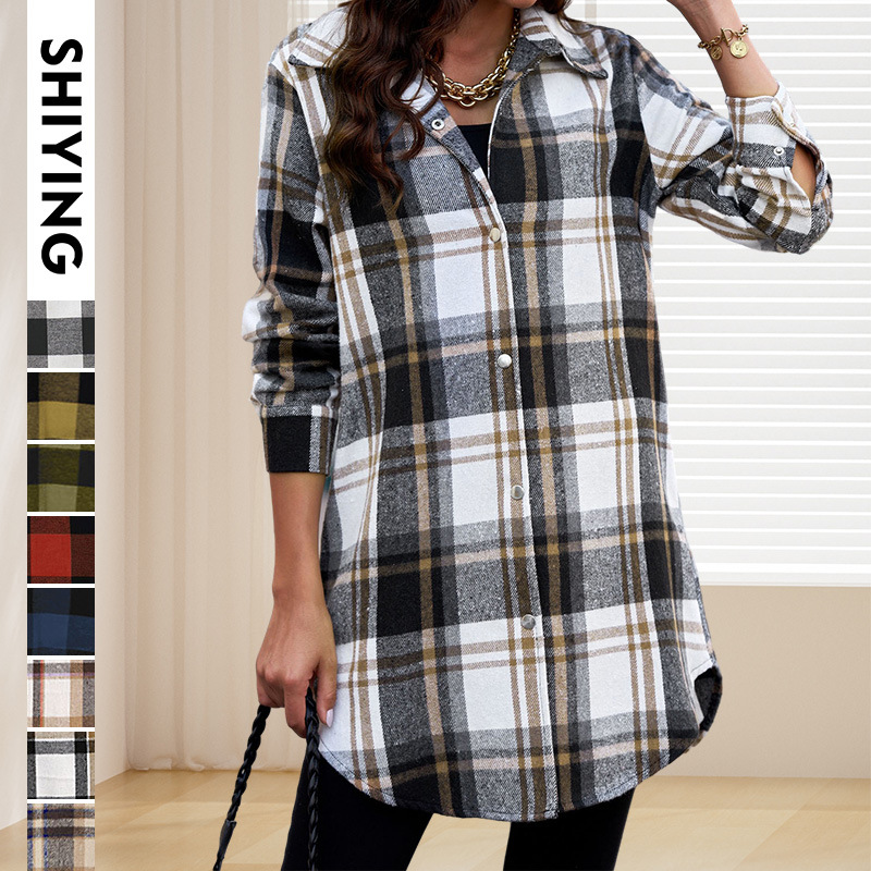 Shiying camisa abrigo de mujer Otoño e Invierno Nueva cardigan de manga larga solapa botón a presión de las mujeres Camisa de cuadros europeos y americanos