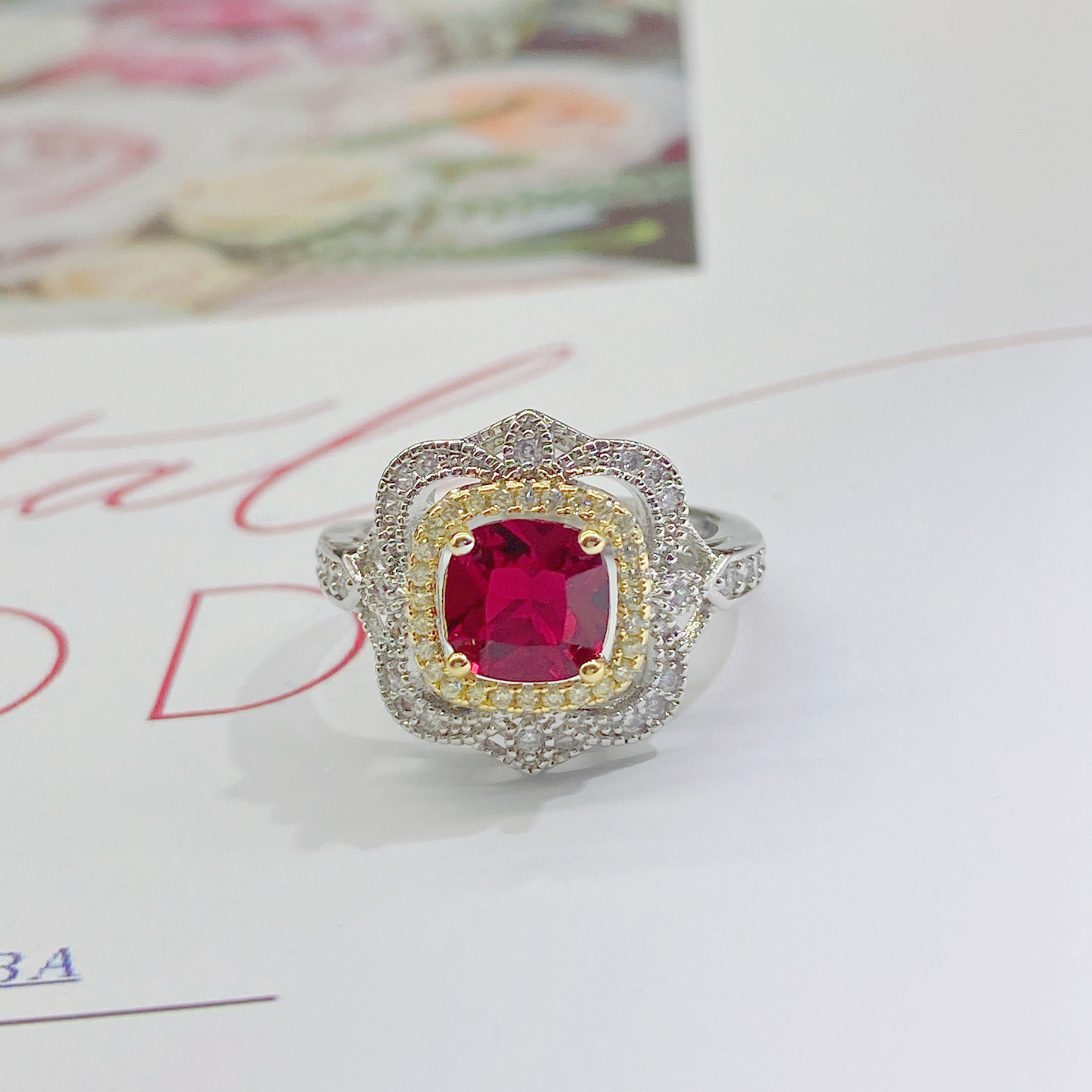 Italian woven pattern carved gold brushed iris natural Mozambique unheated pigeon blood ruby ring female_voghion.com