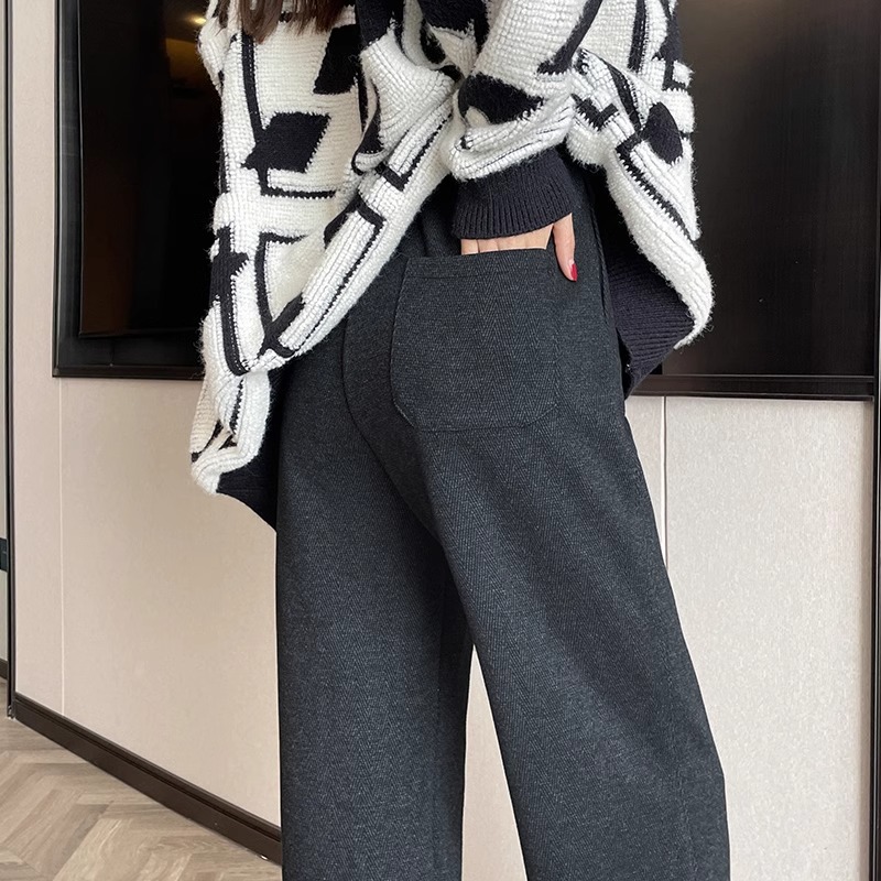 Pantalones de piernas anchas de lana estrecha para mujeres otoño y invierno 2024 nuevo patrón de hippie de cintura alta grueso pantalones de arroz rectos casuales