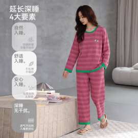 春秋新款紧赛纯棉女长袖长裤套头睡衣时尚休闲女家居服图片色圆领