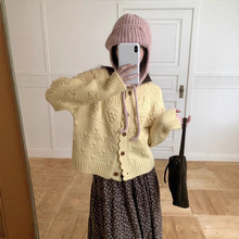 纯色花边钩花纹针织开衫外套女秋冬新款宽松韩系慵懒毛衣长袖上衣