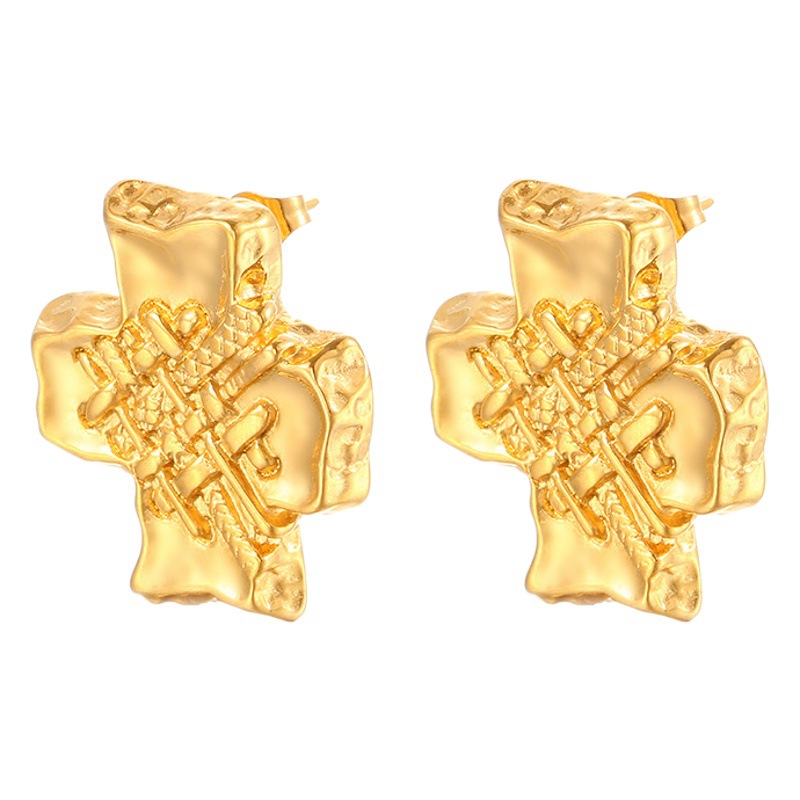 Europa y América de moda versátil retrógrado personalidad cruzada pendientes de alta calidad damas 18K oro acero inoxidable pendientes al por mayor