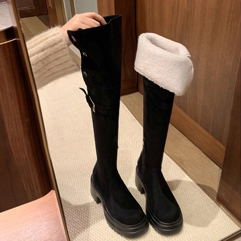 Su Yinyin mismo estilo ~ Otoño e invierno 8cm botas altas de tacón grueso de piel de cordero de suela gruesa botas delgadas elásticas por encima de la rodilla mujeres