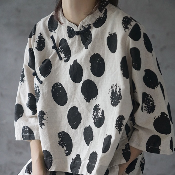 壹旧风格 原创亚麻数码波点印花斜襟盘扣衬衫 复古文艺罩衫S18185