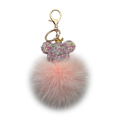 Creative Diamond-embellished Large Bear Keychain Genuine Leather Grass Fox Fur Car Keychain Bag Hook Fashion Small Gift