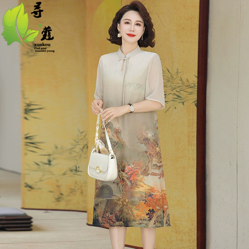 Национальный стиль мама платье среднего и пожилого возраста женское платье женская мода чернила роспись среднего возраста большой размер длинная юбка летом с короткими рукавами