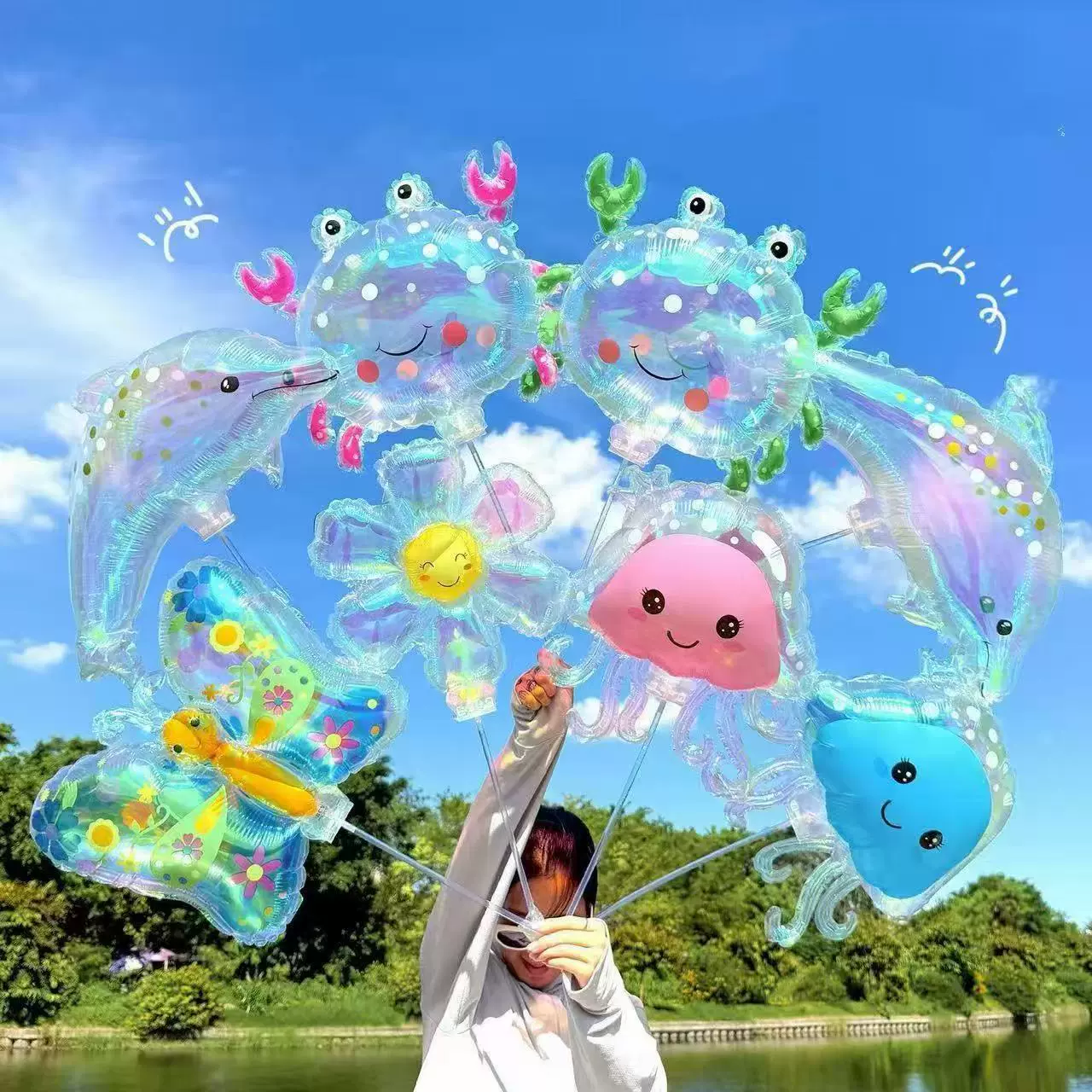 网红新款炫彩水母海豚夹片气球幼儿园学校运动会创意入场氛围道具