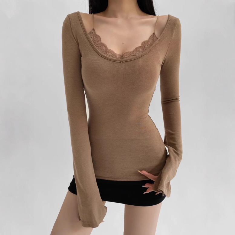 Lace Round Neck Long-Sleeved T-Shirt 2025 Autumn New American Sexy Elastic Tight Fake Two-Piece Bottoming Top