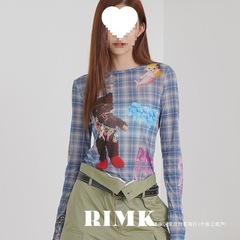 プリント長袖Tシャツレディース秋チェック柄スリムフィットRIMKボトリングシャツ漫画メッシュオリジナル初秋