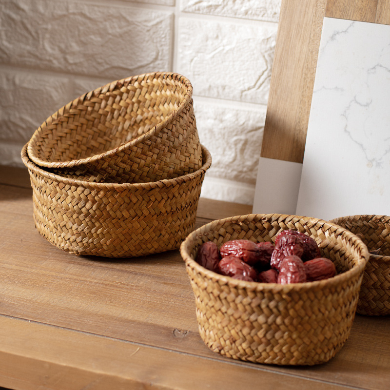Natural seaweed woven storage basket kitchen ginger garlic basket small round entrance tabletop sundry box