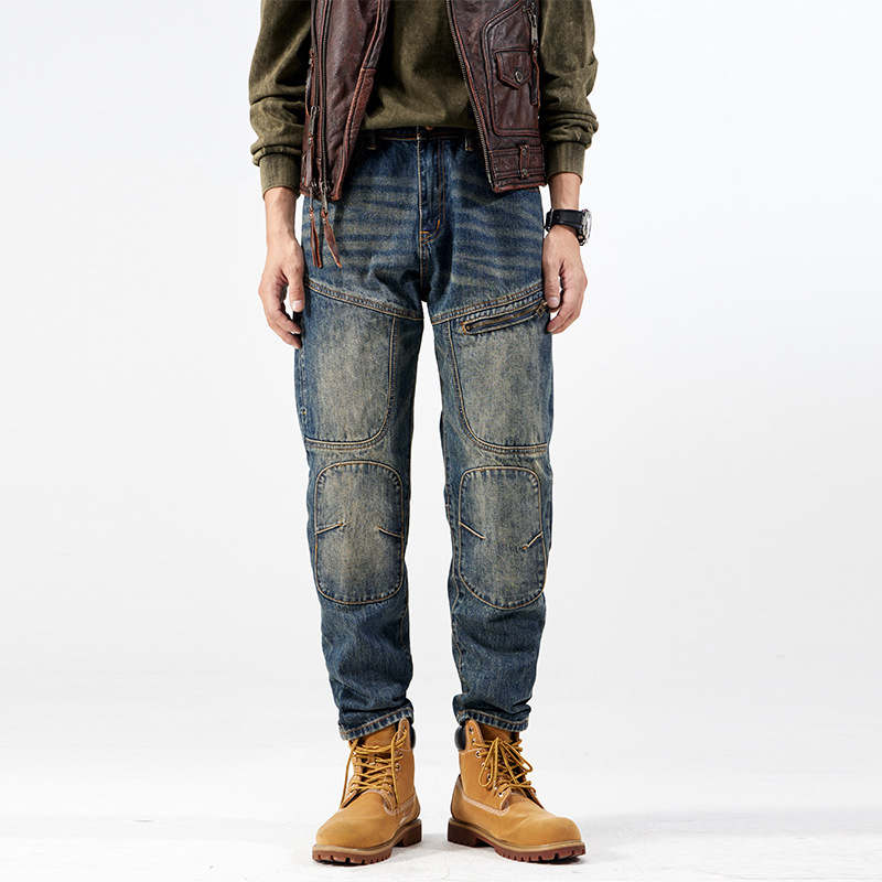 Pants Men's Loose Autumn Zipper Stitching Jeans Men's Tapered Retro American Style Trendy Brand High-end Harlan Trousers