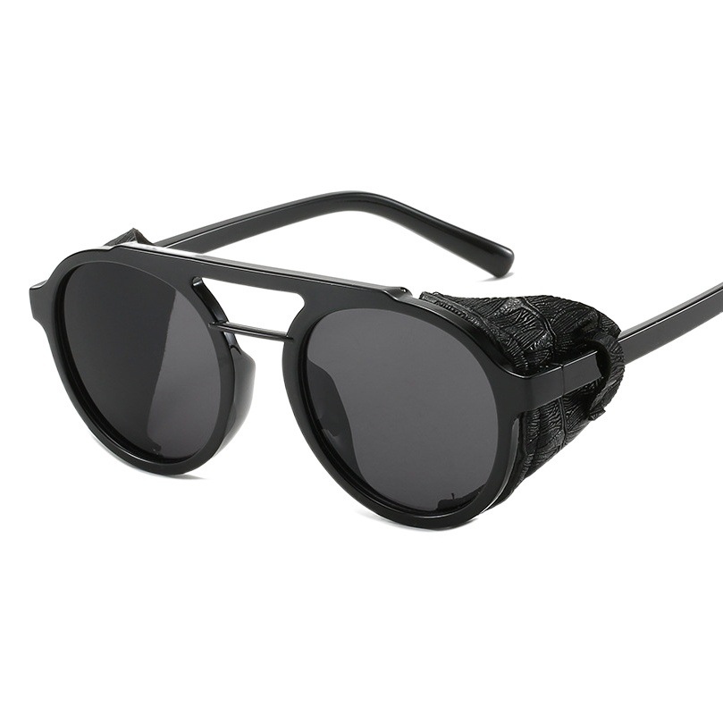 Fábrica al por mayor europea y americana ronda gafas de sol hombres gafas de sol de moda Steampunk imitación cuero doble haz gafas de sol 97042