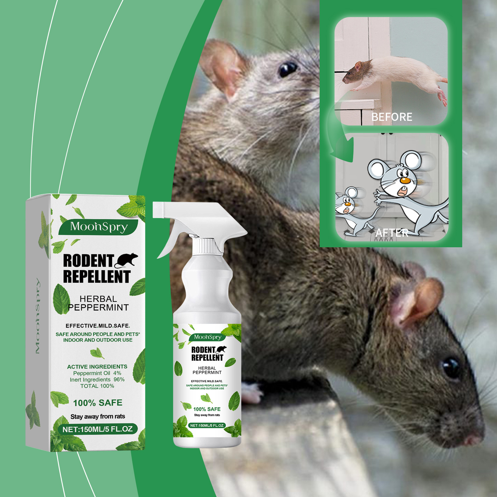 Moonspry Mint Scented Rat Repellent Spray Rat Repellent Outdoor Gardening Anti-Mouse Repellent Spray