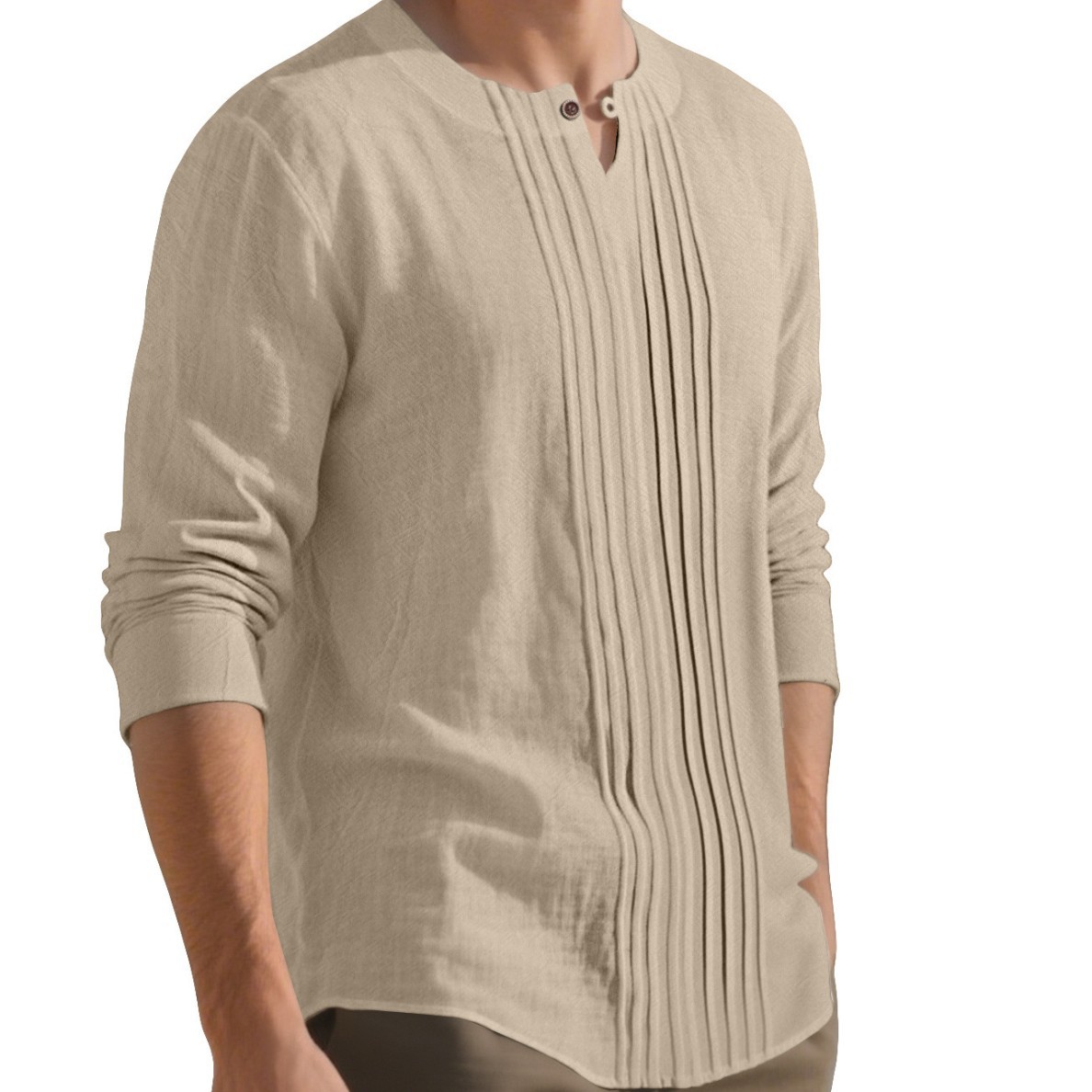 Europa y los Estados Unidos nuevos hombres casuales sueltos camisetas de manga larga transfronterizas TK pliegue algodón lino cuello Henry camisa de playa de lino