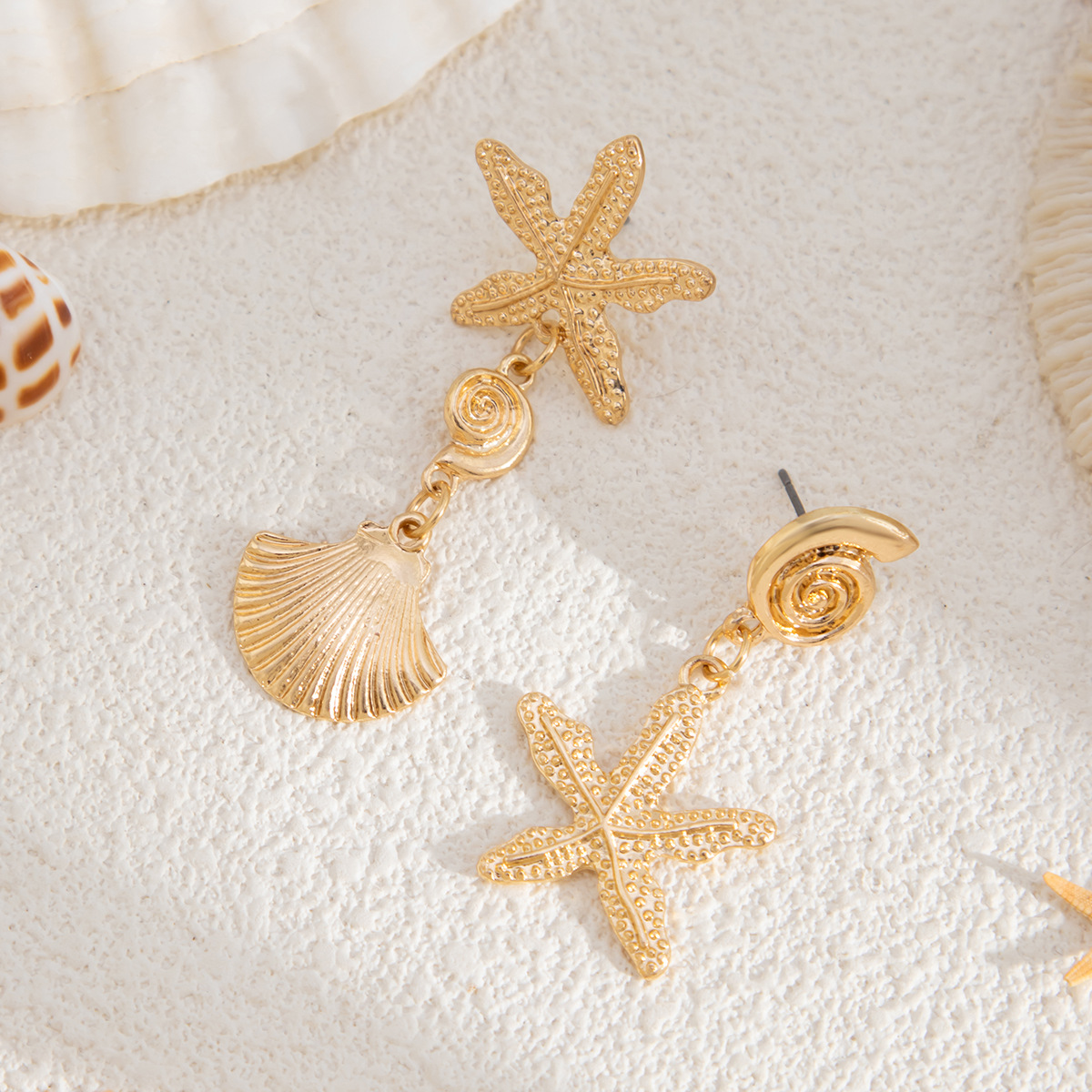 European and American Cross-Border Jewelry Beach Vacation Style Starfish Scallop Pendant Earrings Design Ins Metal Flower Ear Clip undefined