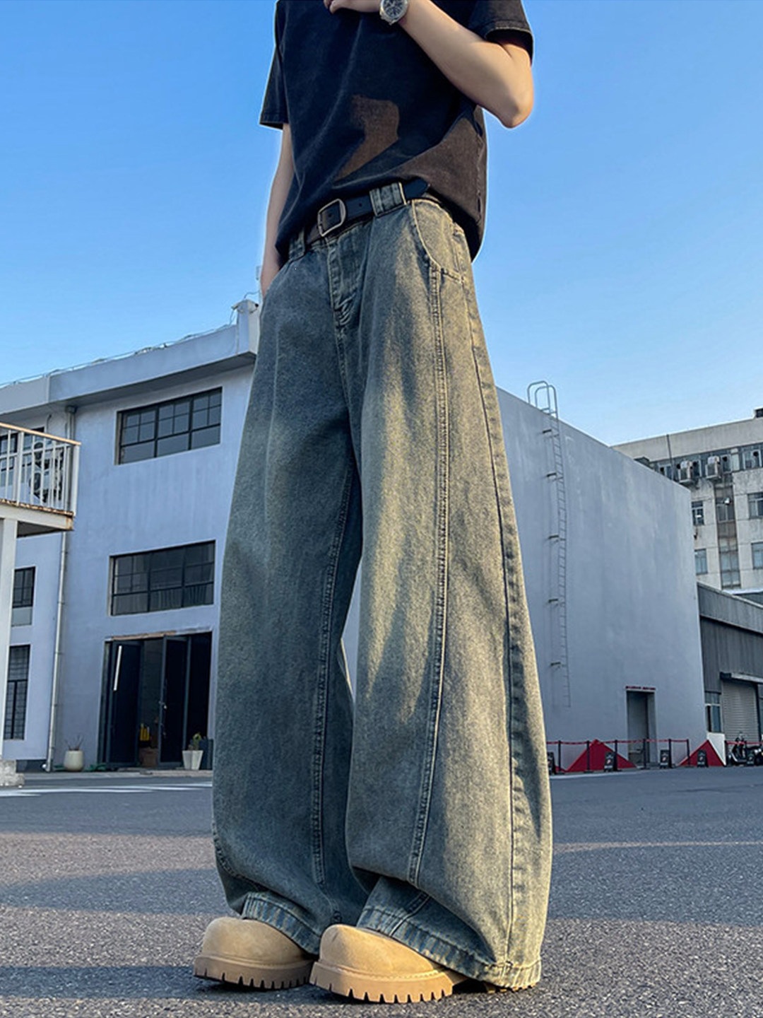 ean弯刀休闲裤子cl拼接fit秋季美式潮工装直筒裤阔腿牛仔裤男宽松