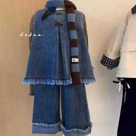 女童宽松纯色牛仔套装2025新款儿童秋装马甲阔腿裤两件套时髦韩版