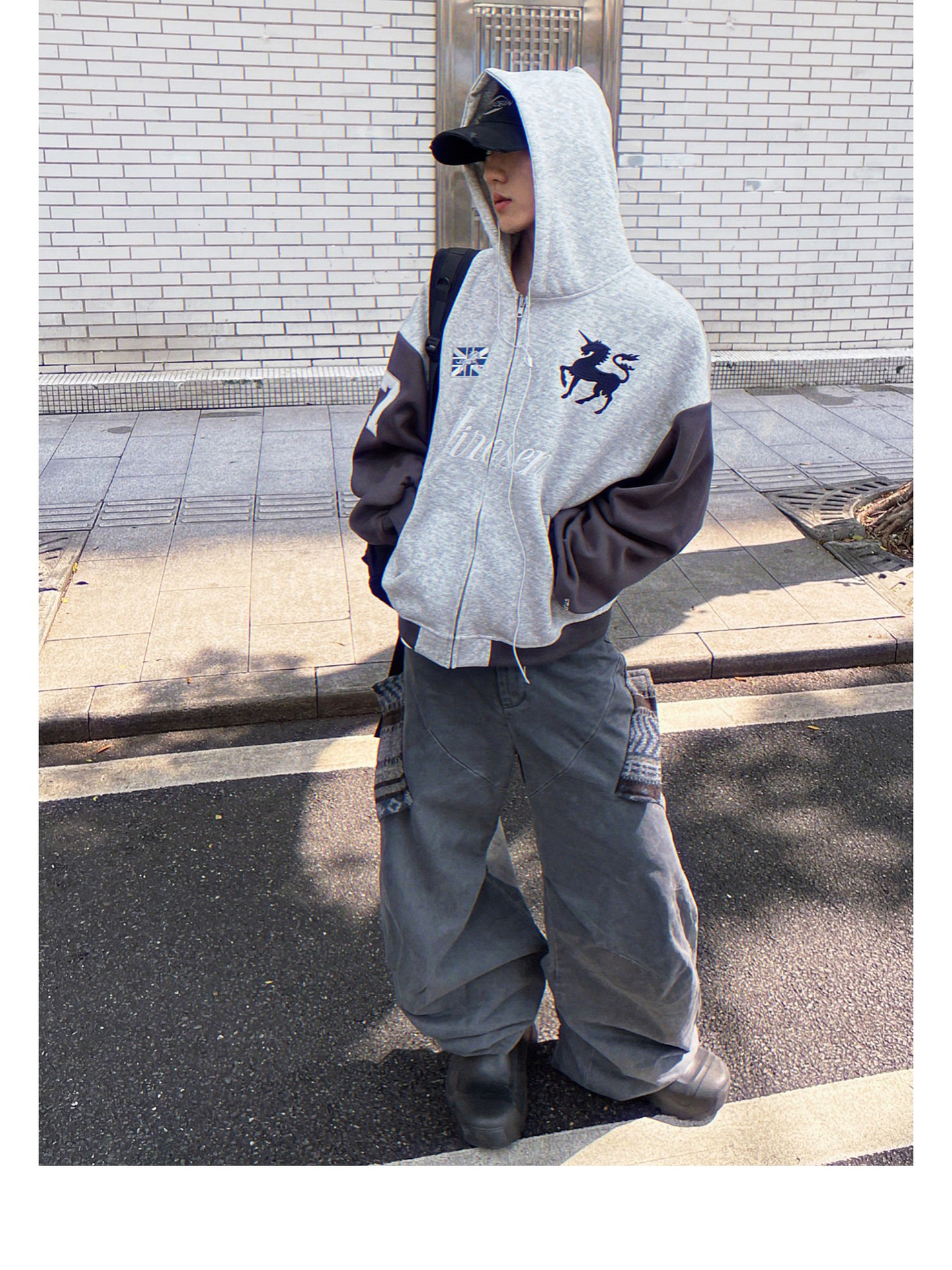 Men's Clothing Unisex Street Style Hooded Cardigan Raglan Sleeve Patchwork Embroidered Loose Casual Top Trendy Versatile Jacket Sweatshirt_viptrois.com
