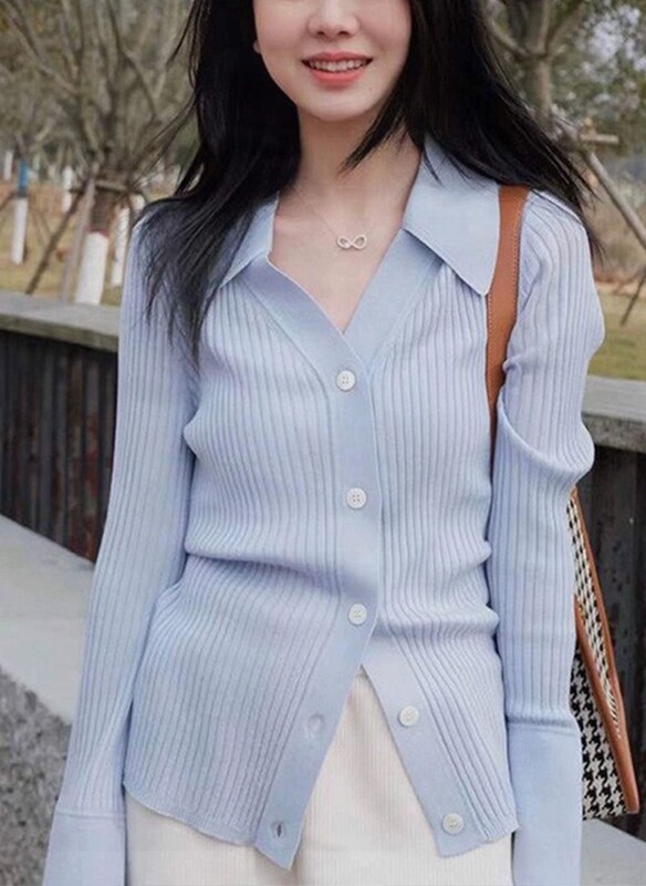 Blue V-neck pit knitted cardigan women's early autumn high-grade slim bottoming polo shirt lapel top coat