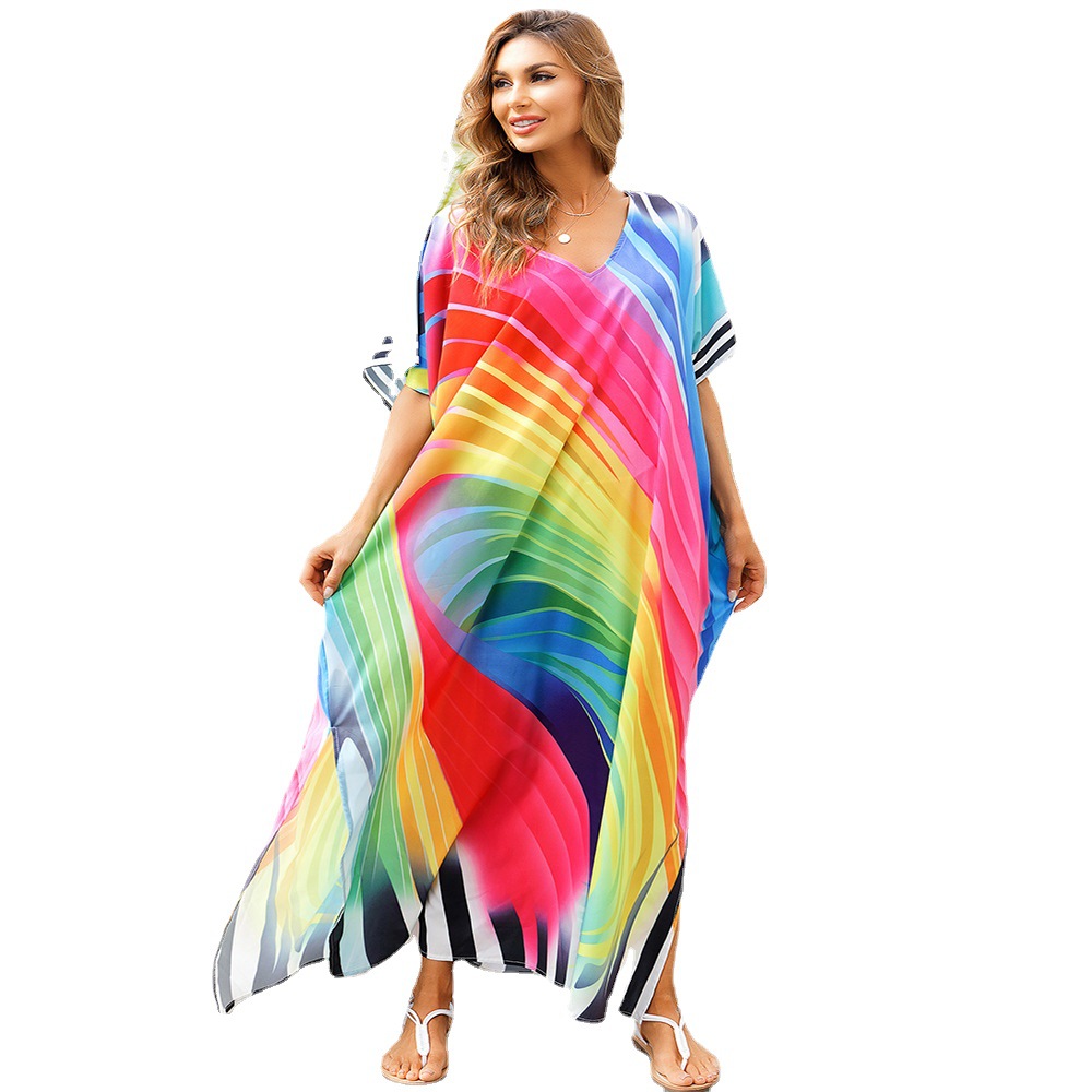 Playa blusa europea y americana elástico oblicuo Arco Iris impreso vacaciones vestido bikini ropa de protección solar 5D30