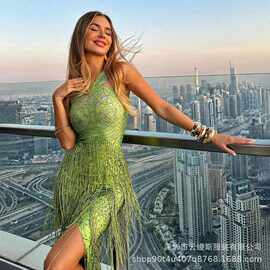 现货演出服歌手主持车模特Dj嘉宾绿色流苏连体长裙舞蹈台成人茶壶