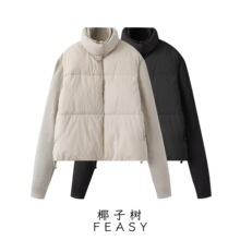 亚马逊跨境外贸欧美女装2024秋冬新款街头时尚针织袖拼接棉服外套