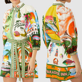 2026春季新款 跨境欧美外贸女装 时尚休闲通勤印花系带连衣裙短裙