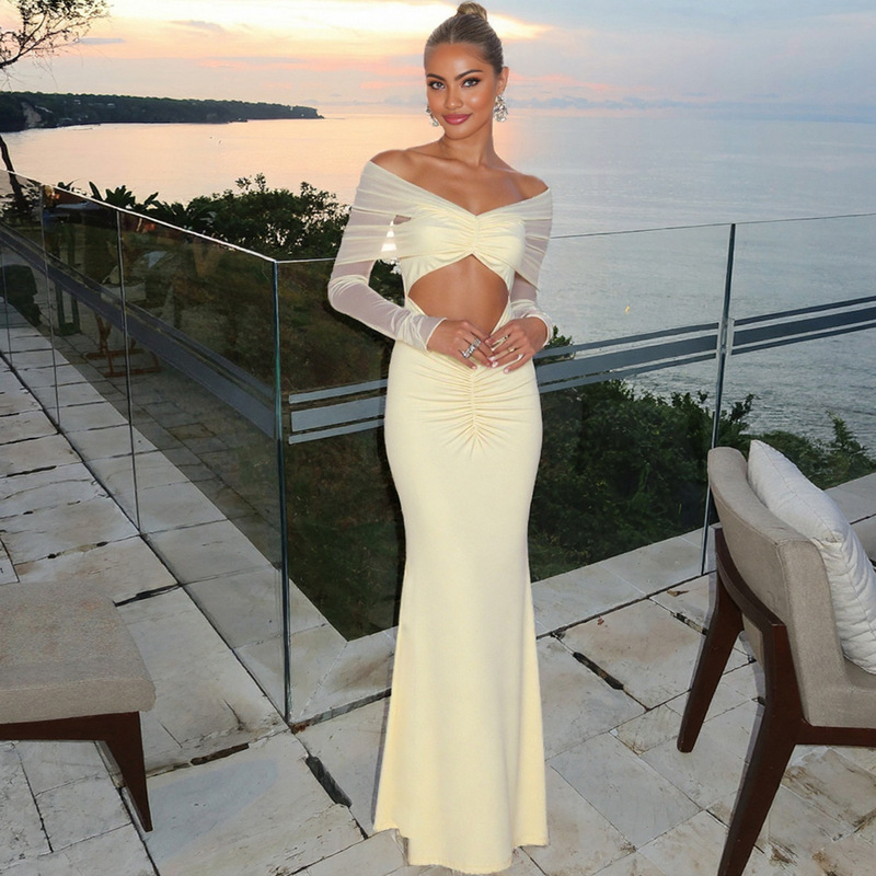 European and American Cross-Border 2025 Summer New Sexy and Elegant Mesh Backless Long Skirt Pure Color Long-Sleeved One-Shoulder Dress