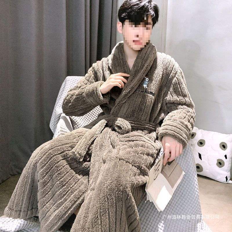 Flannel Nightgown Men's Long Fleece-Lined Four-Season Bathrobe Mid-Length Autumn and Winter New Warm Coral Velvet Home Clothes