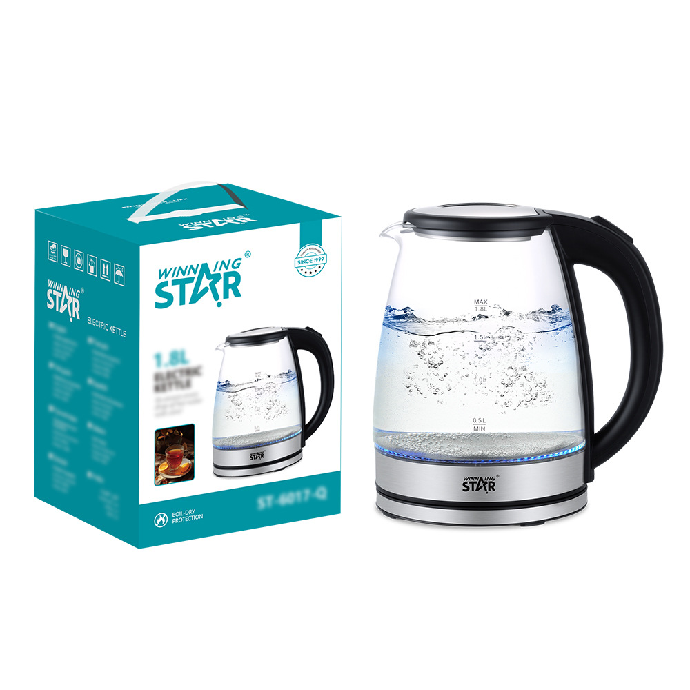 Hervidor eléctrico Winningstar de 1.8L con cuerpo de vidrio de borosilicato de alta resistencia, doble capa dorada, control de temperatura para hervir agua y mantenerla caliente con temperatura ajustable.