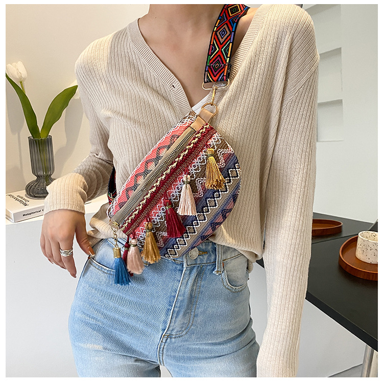 Venda quente pequeno peito perfumado tecido estilo étnico cor contrastante borla nova fita cintura bolsa crossbody tendência_voghion.com
