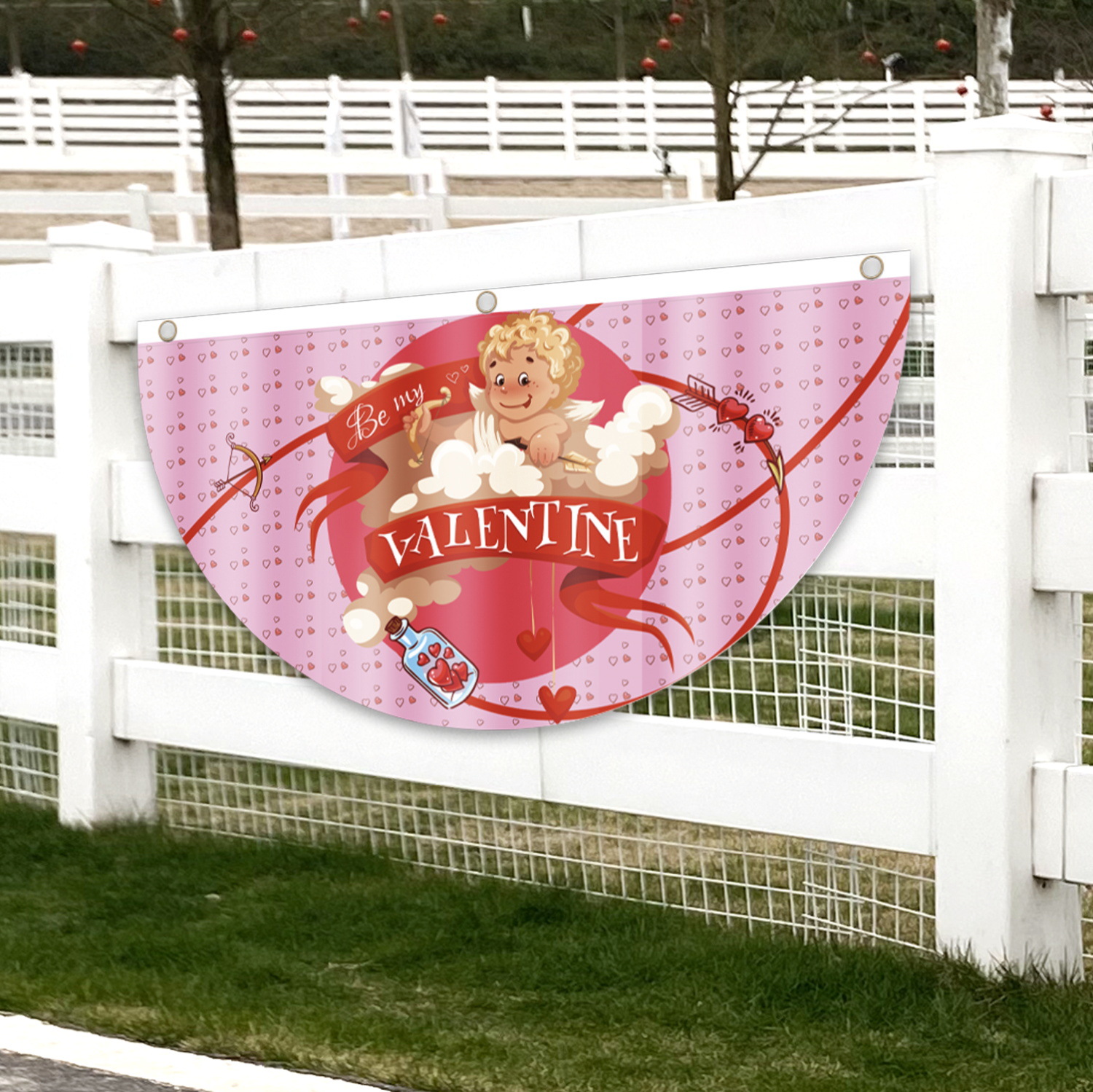 Transfronterizo nuevo día de San Valentín fan bandera aniversario de boda decoraciones al aire libre creativo impreso dibujos animados semicírculo bandera