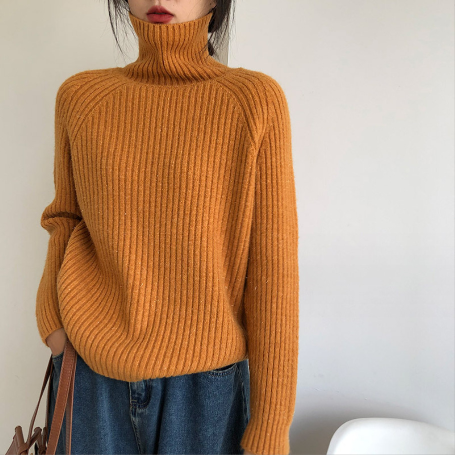 Viento perezoso cuello alto agujero delgado suéter de seda brillante diseño de color sólido delgado camiseta de punto de fondo de invierno de otoño chaqueta
