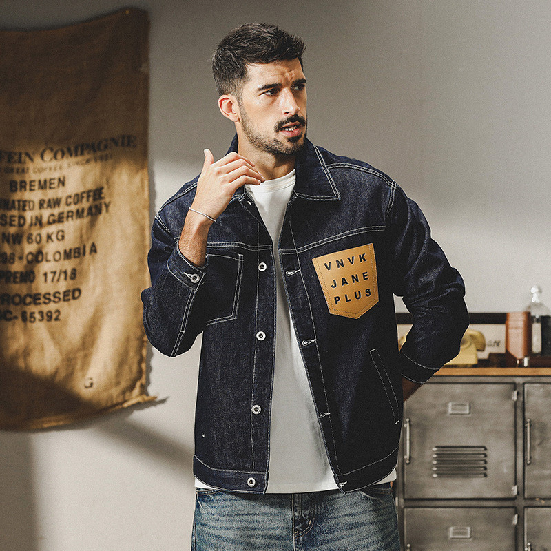 Jerryeno American Retro Heavyweight Sateen Denim Jacket for Men, Spring and Autumn Loose Trendy Stylish Work Jacket