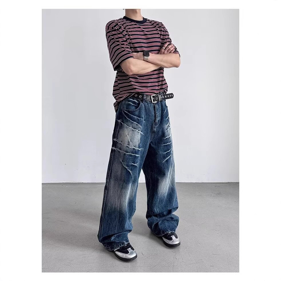 American Style Rivet Lightning Denim Jeans For Men And Women, Wide-Legged Distressed Wash Vintage Drop-Crotch Trousers, Trendy Streetwear Design_mkmklike.com